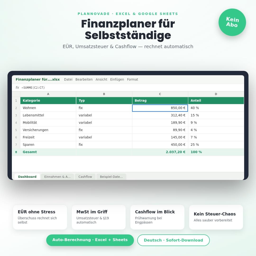Finanzplaner Excel-Vorlage von PlannovaDE – rechnet automatisch
