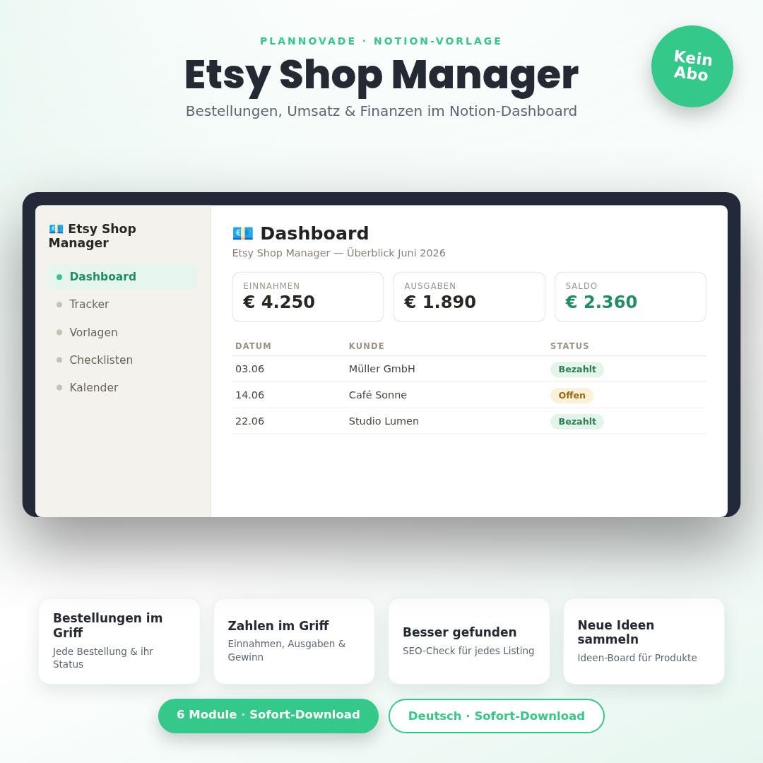 Etsy Shop Manager – Notion-Vorlage mit Dashboard